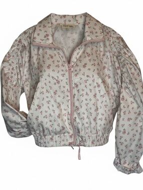 Peach Love Floral Zip-Front Boutique Wind Cropped Jacket - Pink/White Roses 🌹